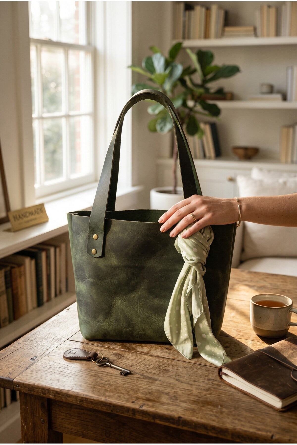 Handmade Crazy Horse Leather Tote Bag - Khaki