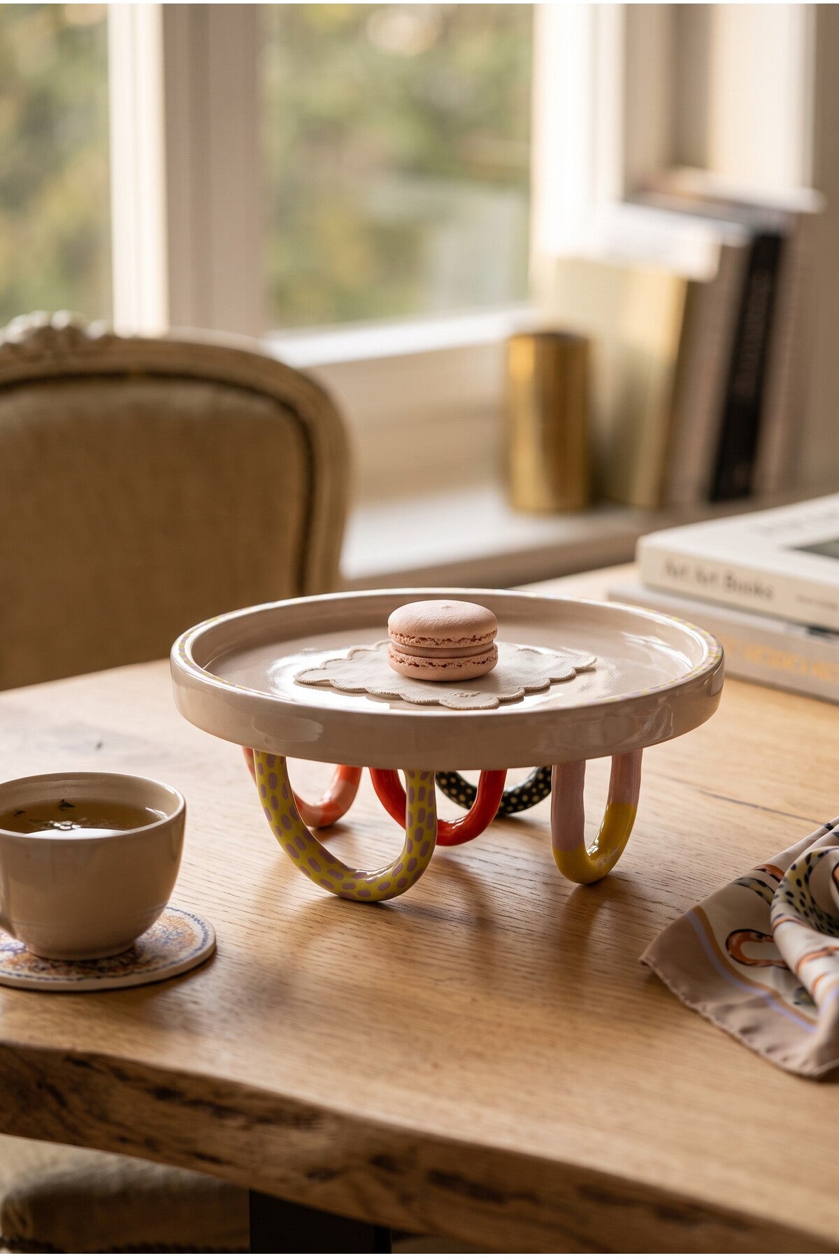 Handmade Footed Ceramic Cake Stand, Colorful Arch Legs Serving Plate