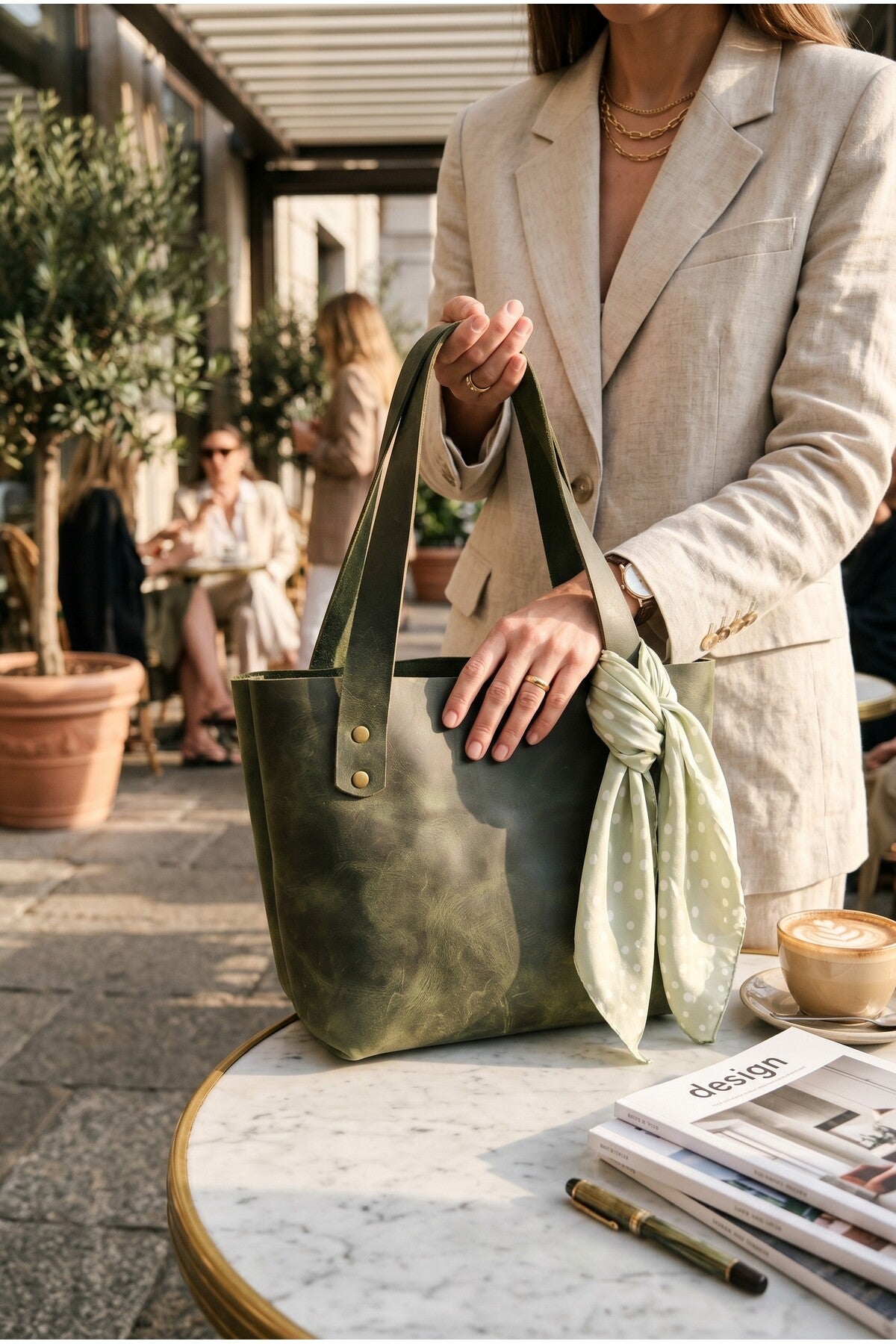 Handmade Crazy Horse Leather Tote Bag - Khaki
