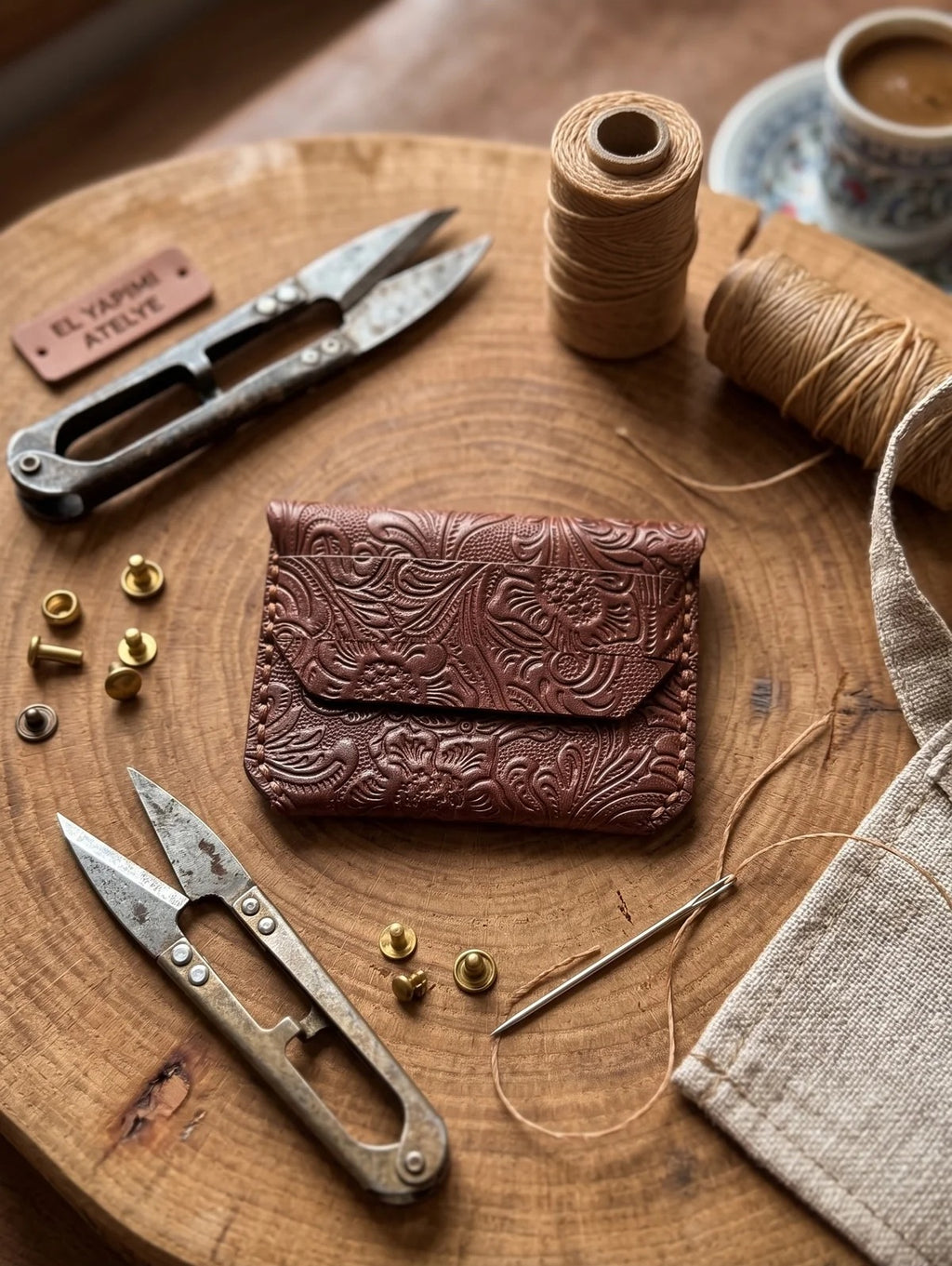 Handmade Embossed Leather Card Holder Wallet