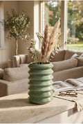 Handmade Ribbed Ceramic Vase, Green Sculptural Flower Vase