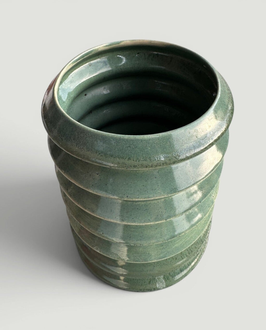Handmade Ribbed Ceramic Vase, Green Sculptural Flower Vase