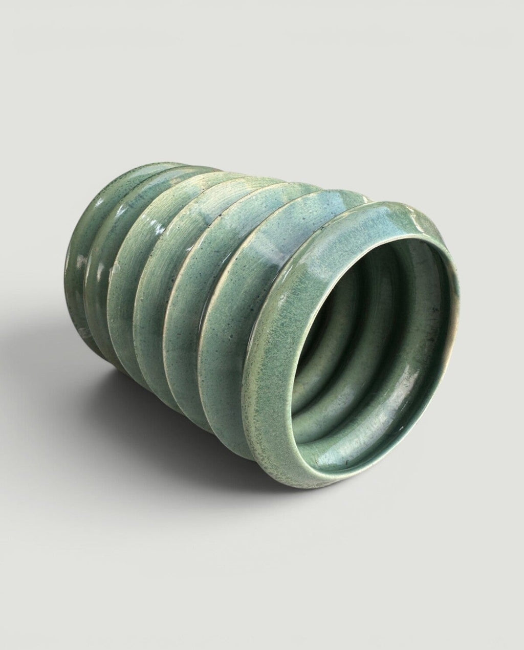 Handmade Ribbed Ceramic Vase, Green Sculptural Flower Vase