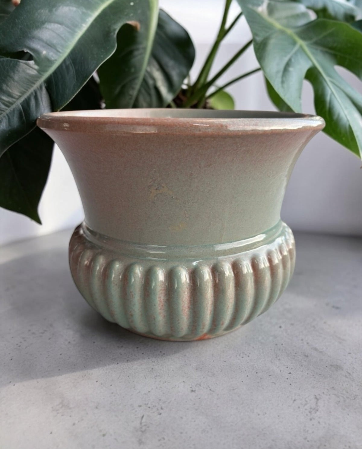 Handmade Ceramic Planter, Nile Green Footed Pot with Ribbed Base
