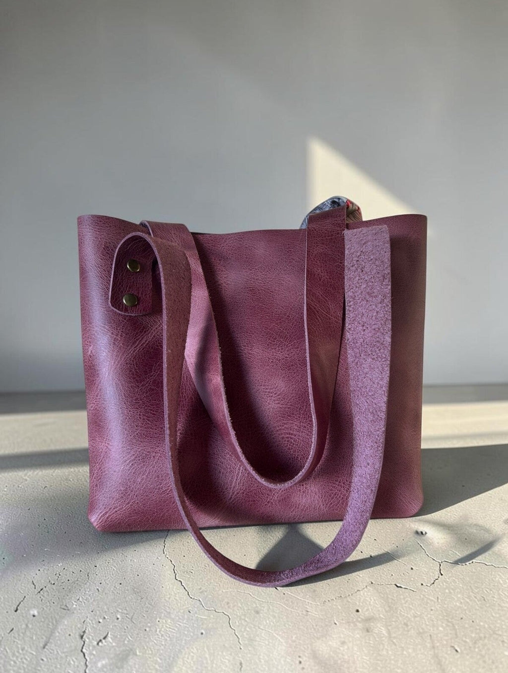Handmade Crazy Horse Leather Tote Bag - Plum