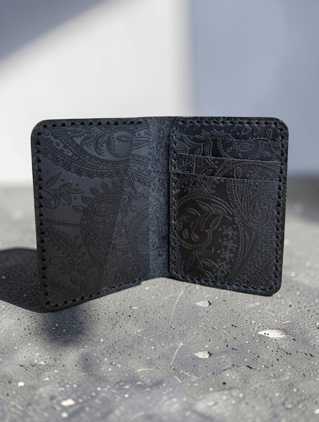 Handmade Vertical Paisley Embossed Leather Card Holder
