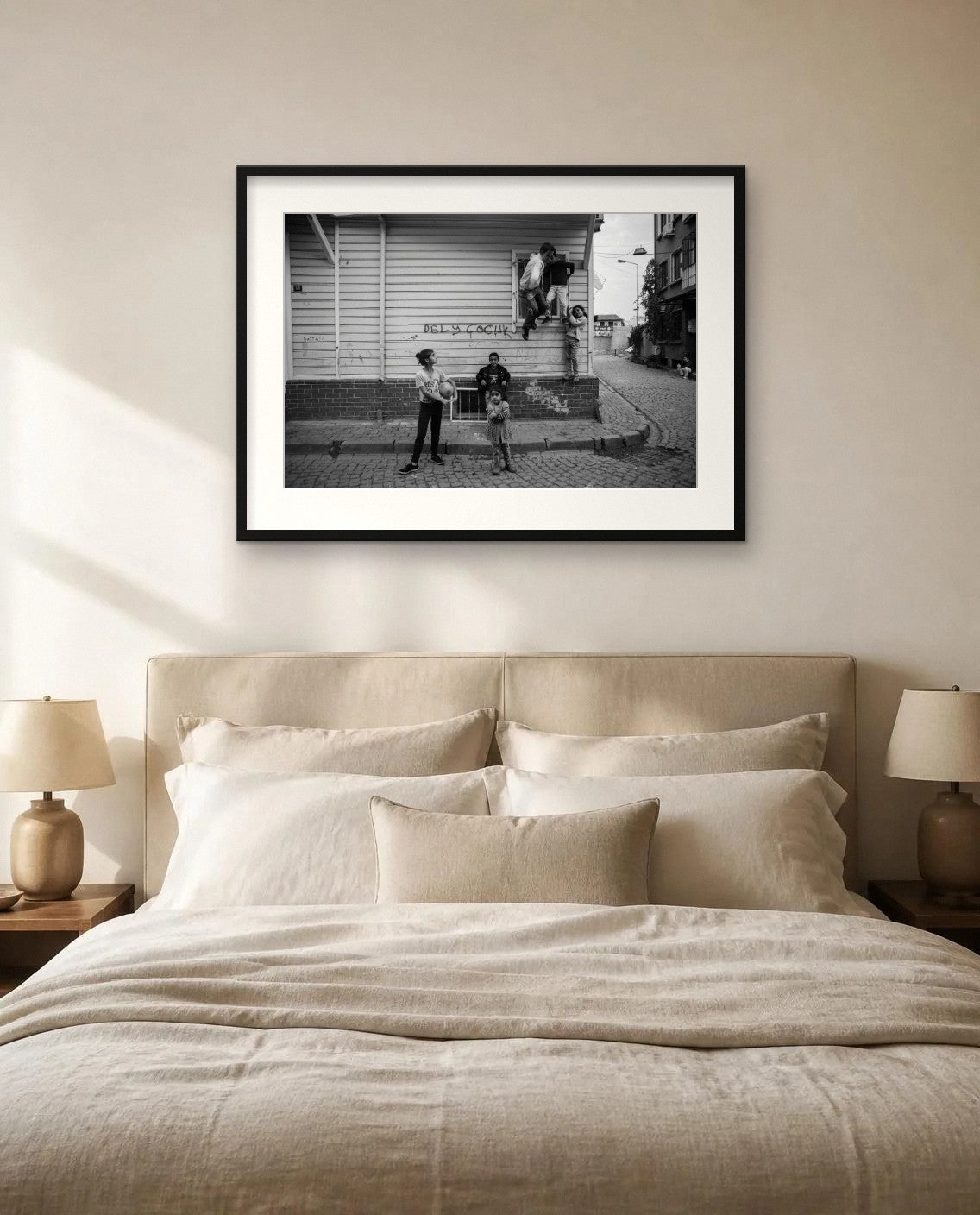In Front of the Wooden House — framed fine art print shown in a room (illustration; ships unframed)