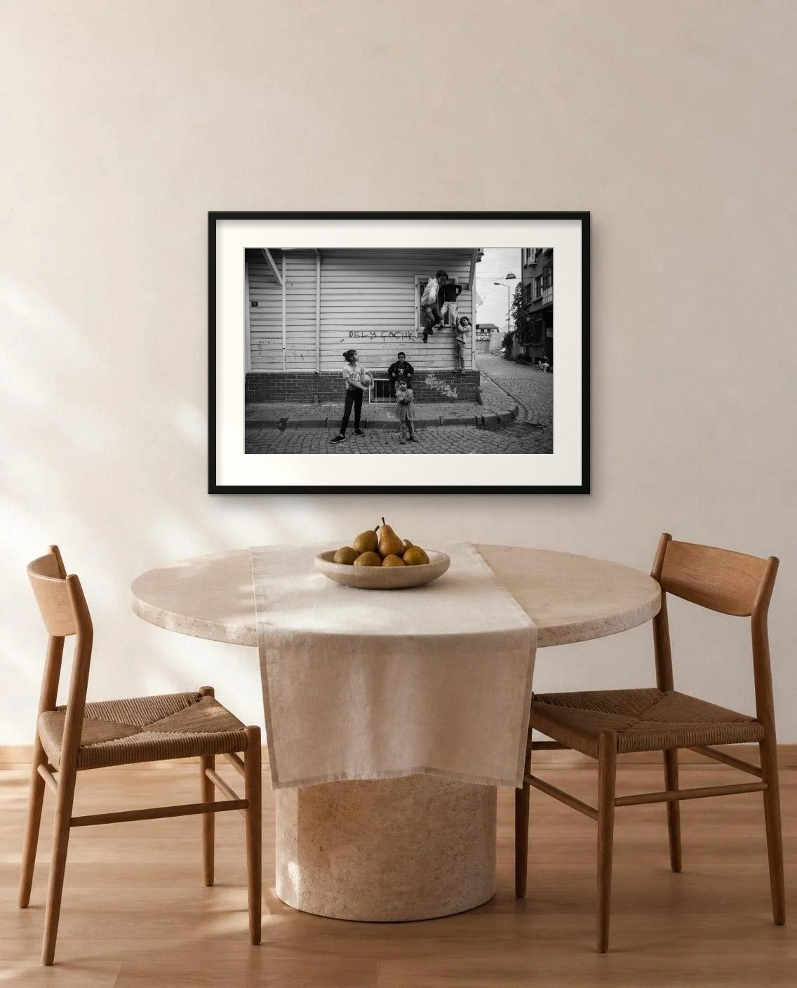 In Front of the Wooden House — framed fine art print shown in a room (illustration; ships unframed)