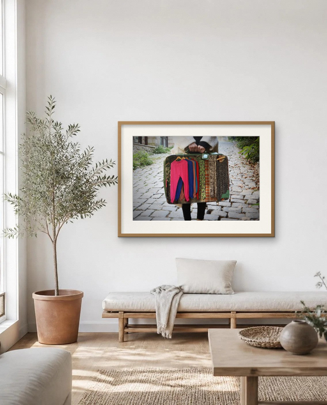 Colours on the Rack — framed fine art print shown in a room (illustration; ships unframed)