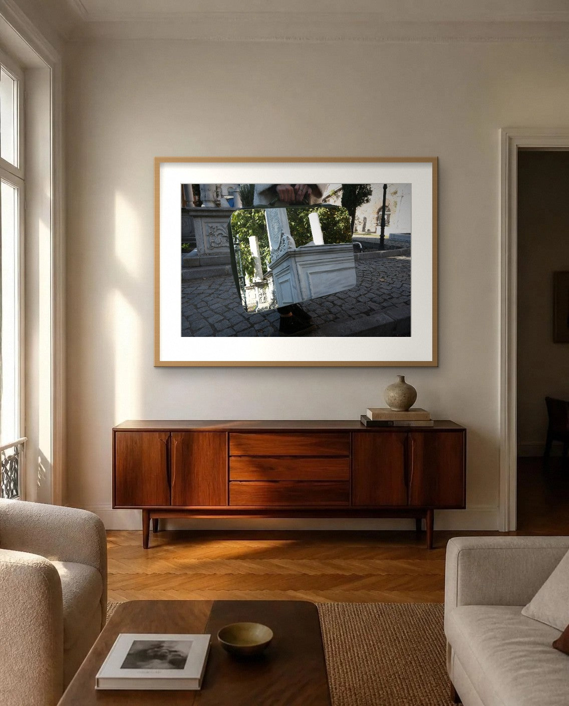 White Marble — framed fine art print shown in a room (illustration; ships unframed)