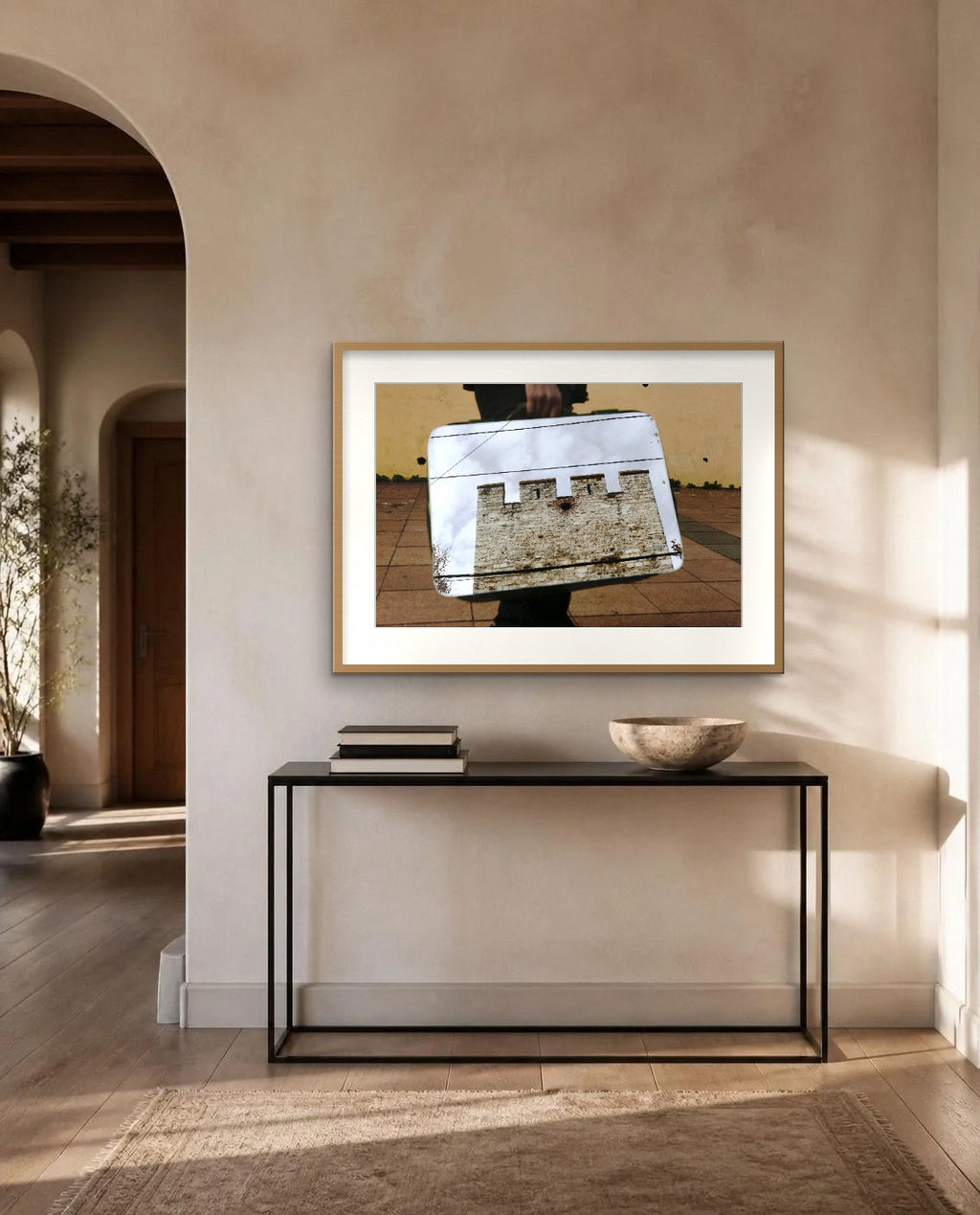 The Bastion and the Wires — framed fine art print shown in a room (illustration; ships unframed)