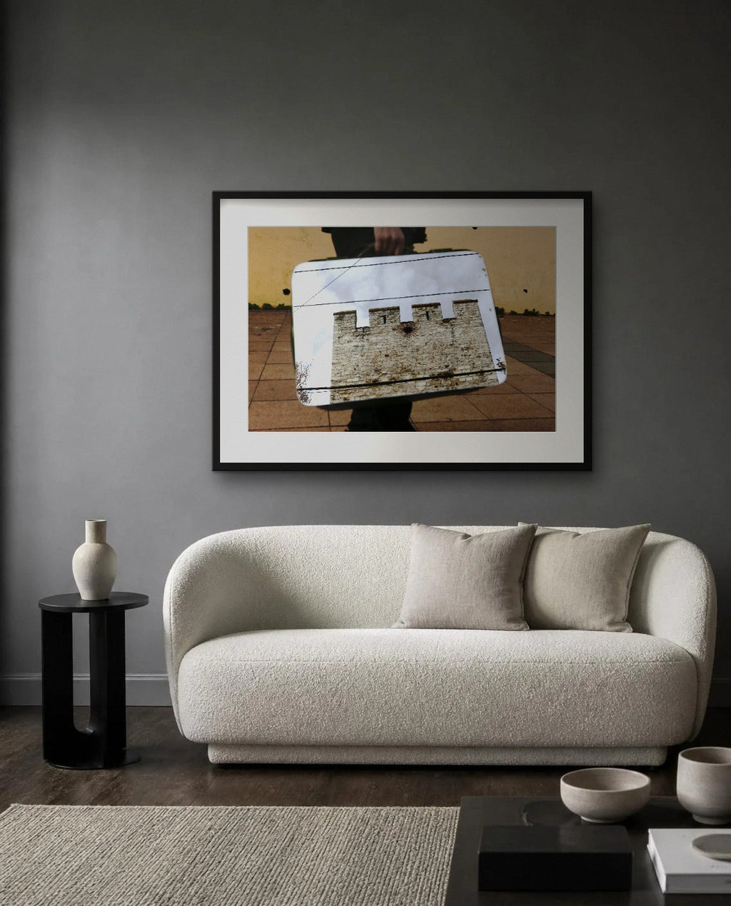 The Bastion and the Wires — framed fine art print shown in a room (illustration; ships unframed)