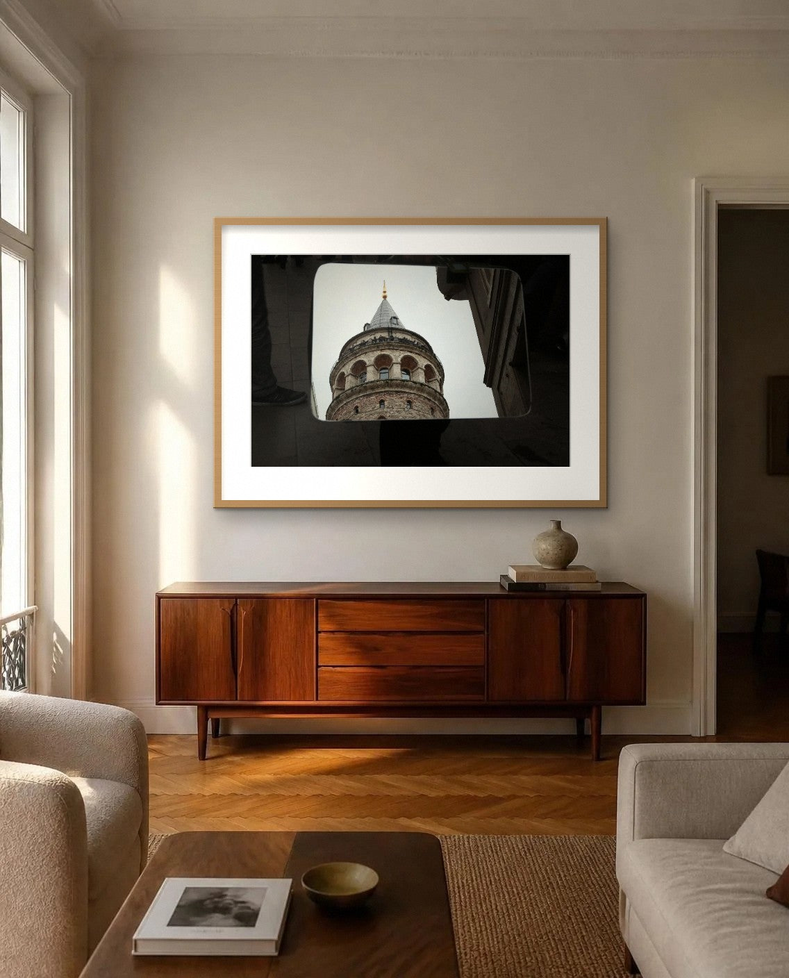 The Tower in the Suitcase — framed fine art print shown in a room (illustration; ships unframed)