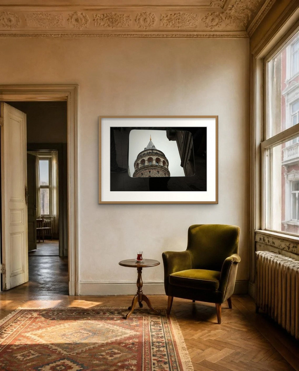 The Tower in the Suitcase — framed fine art print shown in a room (illustration; ships unframed)