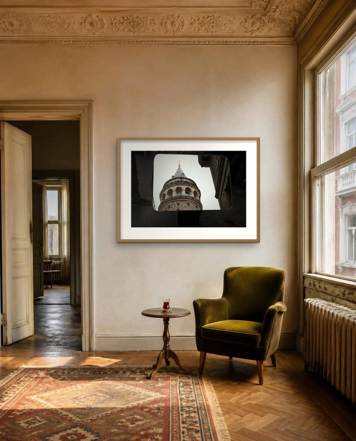 The Tower in the Suitcase — framed fine art print shown in a room (illustration; ships unframed)