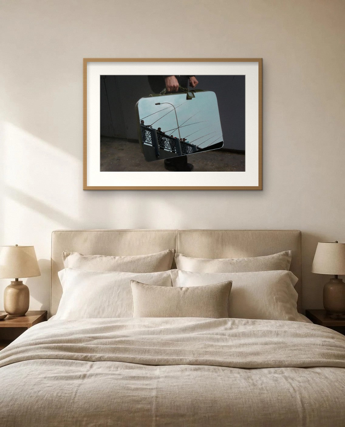 Rods on the Bridge — framed fine art print shown in a room (illustration; ships unframed)