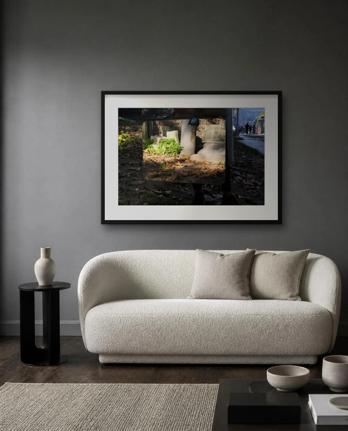 Stones and Leaves — framed fine art print shown in a room (illustration; ships unframed)