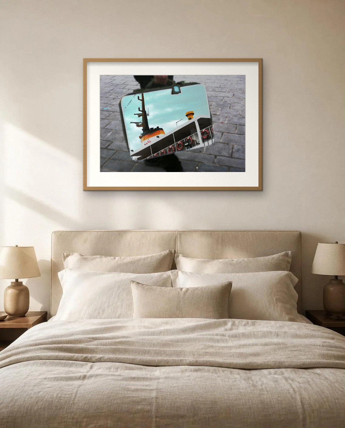 The Departing Ferry — framed fine art print shown in a room (illustration; ships unframed)