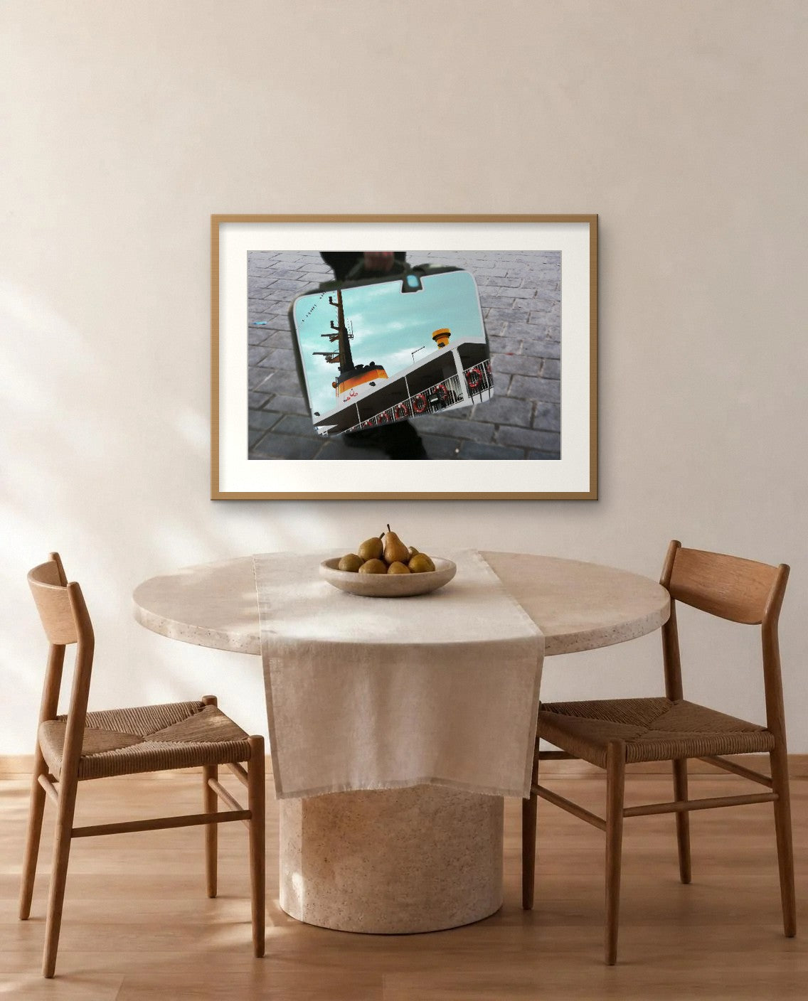The Departing Ferry — framed fine art print shown in a room (illustration; ships unframed)