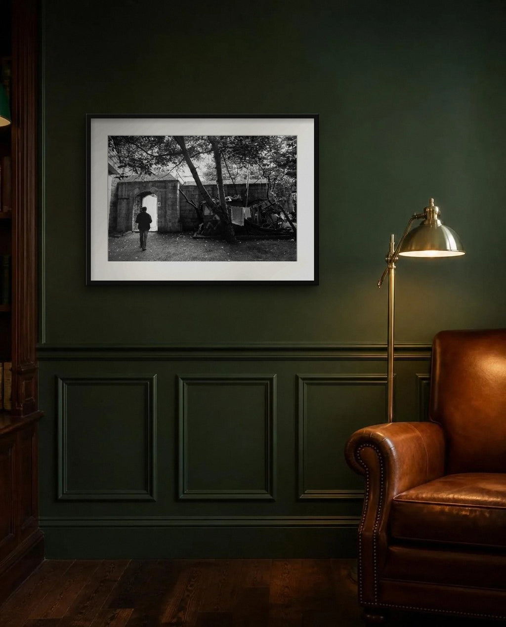 Crossing the Threshold — framed fine art print shown in a room (illustration; ships unframed)