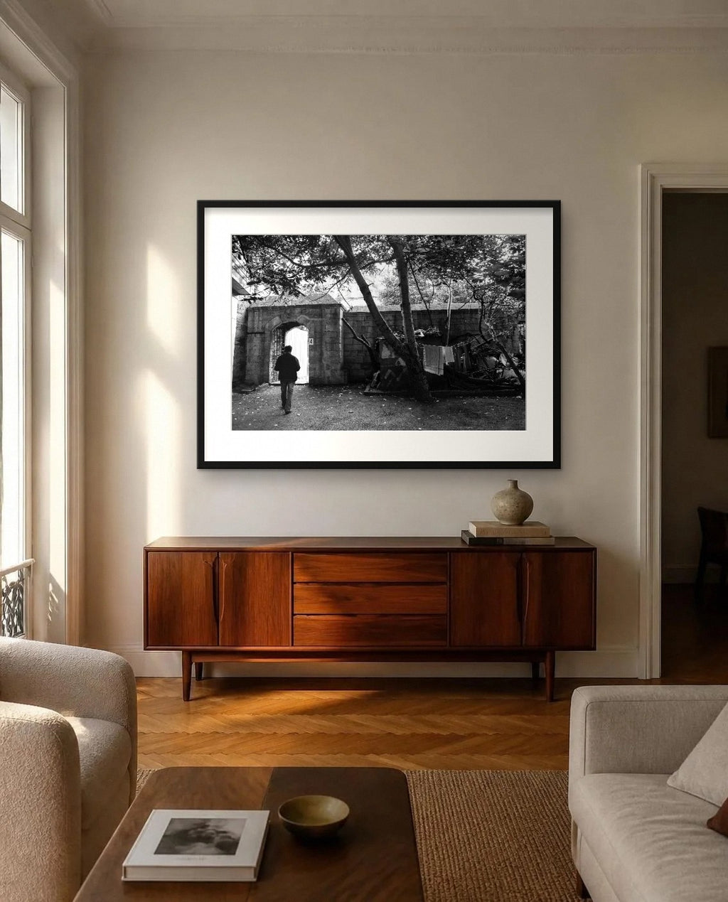 Crossing the Threshold — framed fine art print shown in a room (illustration; ships unframed)