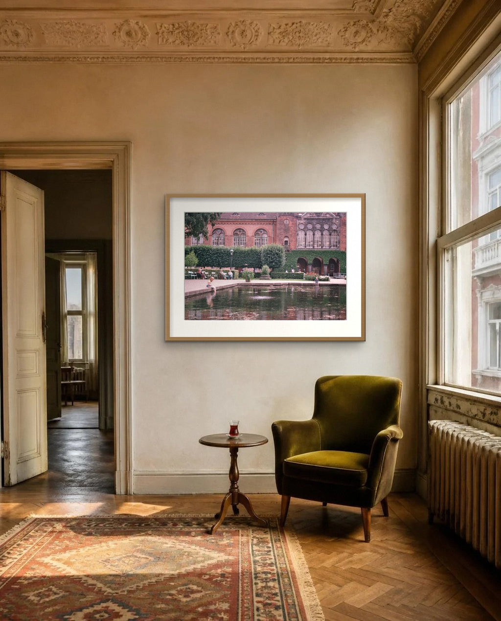 The Library Garden — framed fine art print shown in a room (illustration; ships unframed)