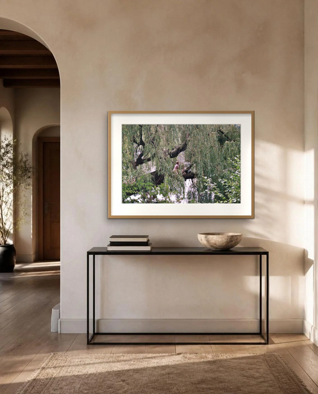 Under the Willow — framed fine art print shown in a room (illustration; ships unframed)