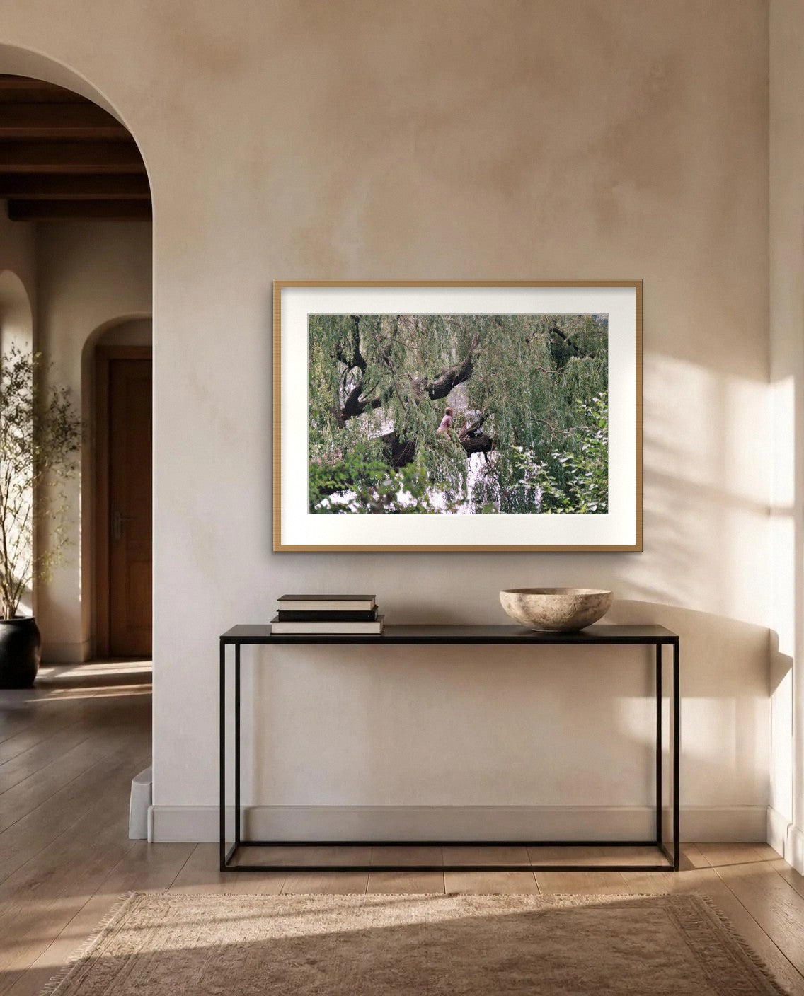 Under the Willow — framed fine art print shown in a room (illustration; ships unframed)