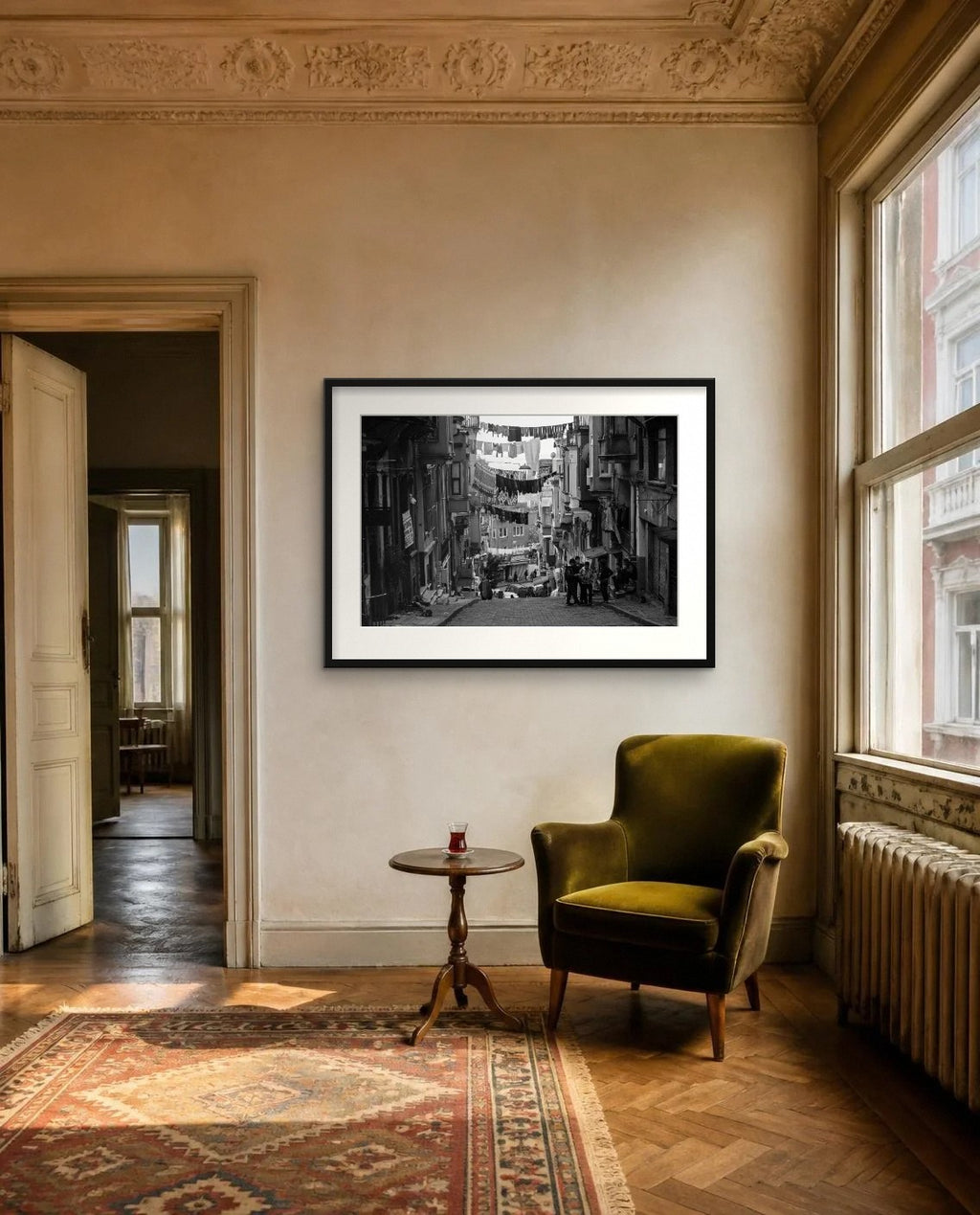 Washing Lines — framed fine art print shown in a room (illustration; ships unframed)