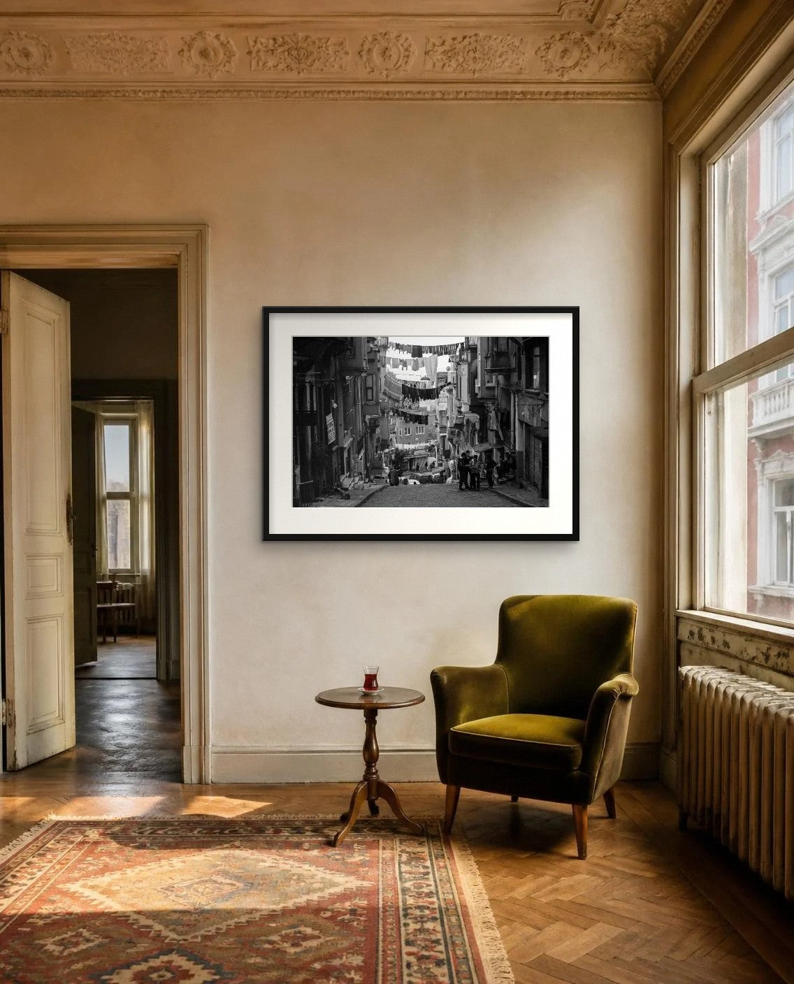 Washing Lines — framed fine art print shown in a room (illustration; ships unframed)