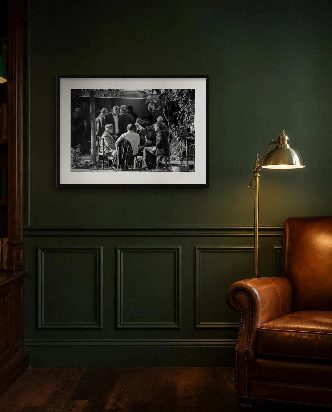 Outside the Coffeehouse — framed fine art print shown in a room (illustration; ships unframed)