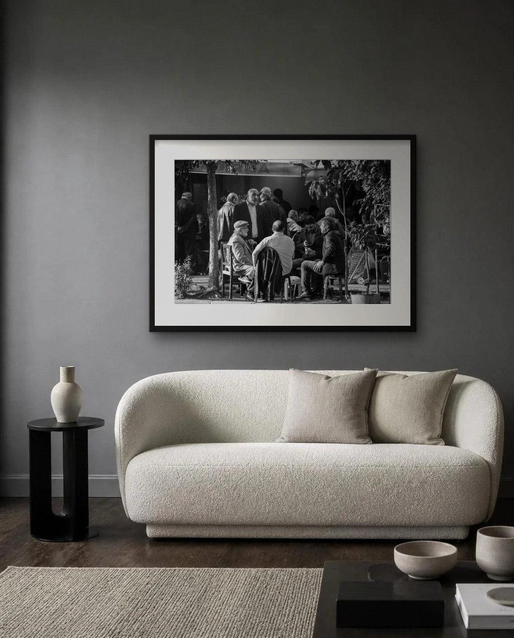 Outside the Coffeehouse — framed fine art print shown in a room (illustration; ships unframed)