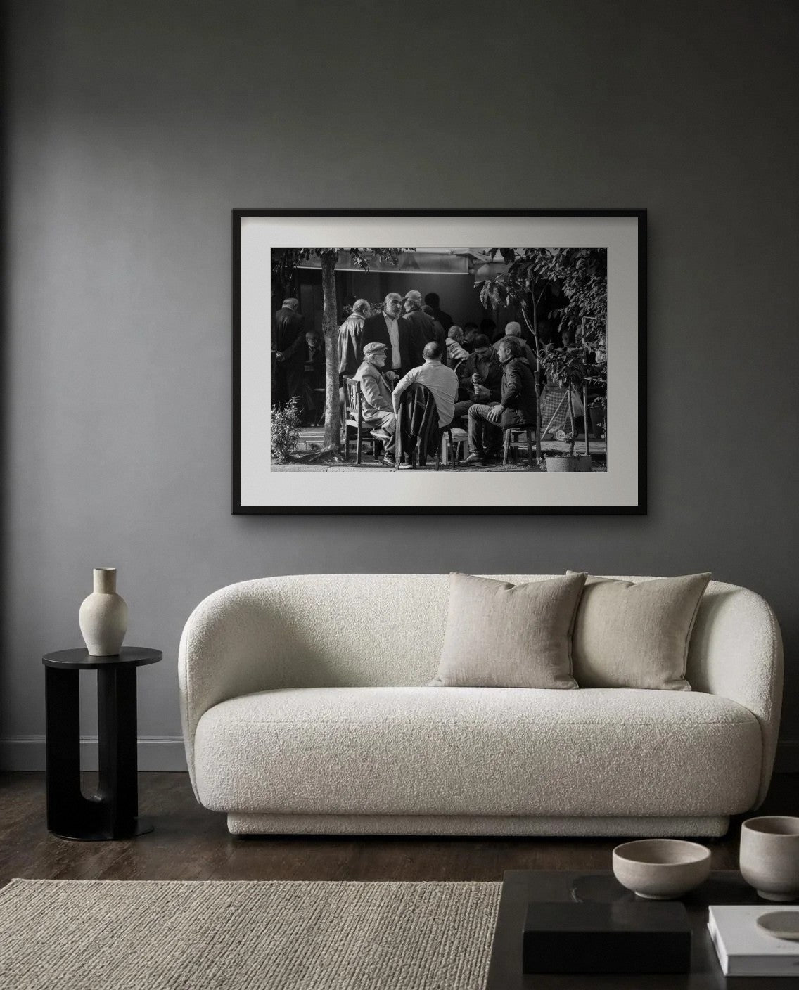 Outside the Coffeehouse — framed fine art print shown in a room (illustration; ships unframed)