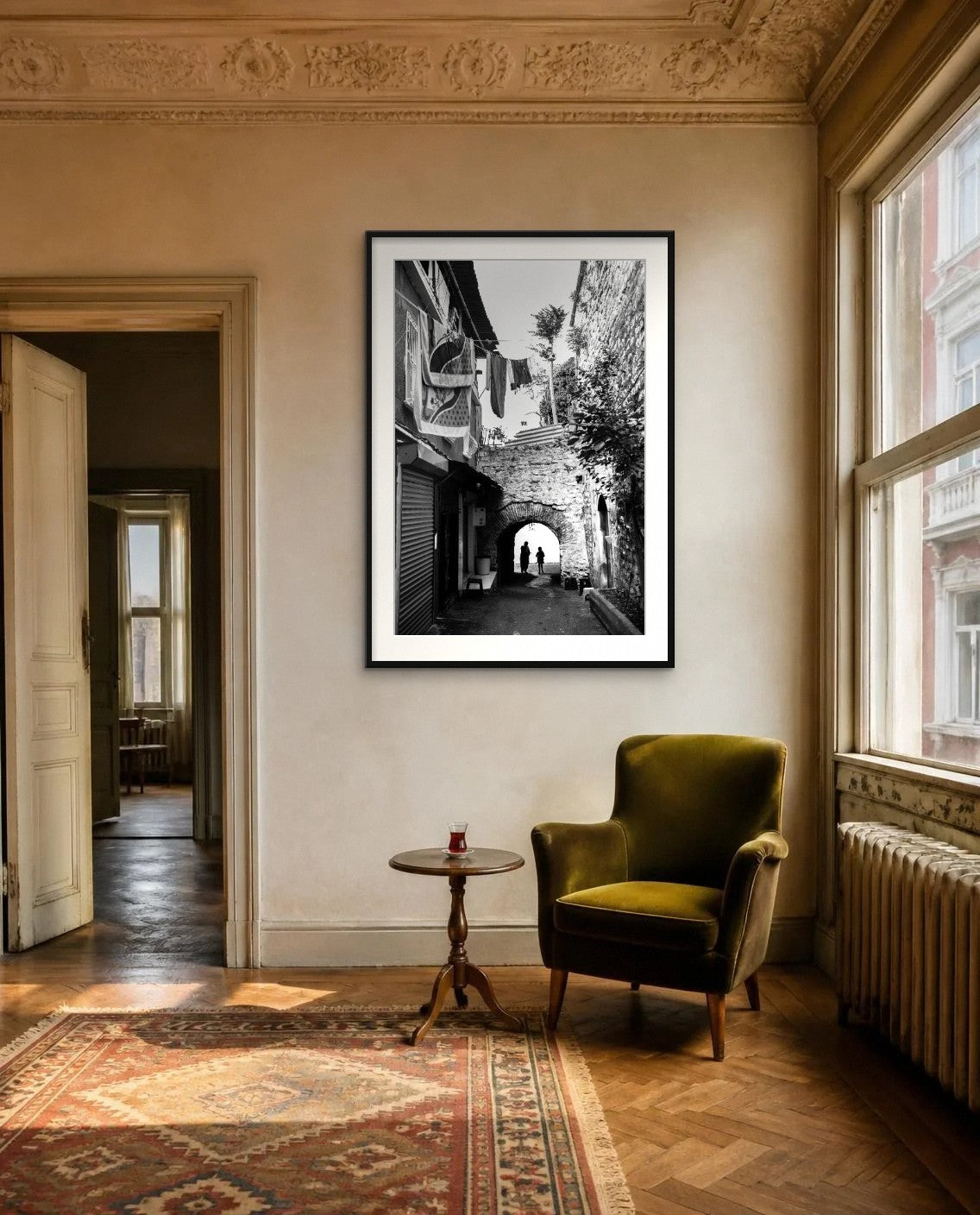 Beyond the Arch — framed fine art print shown in a room (illustration; ships unframed)