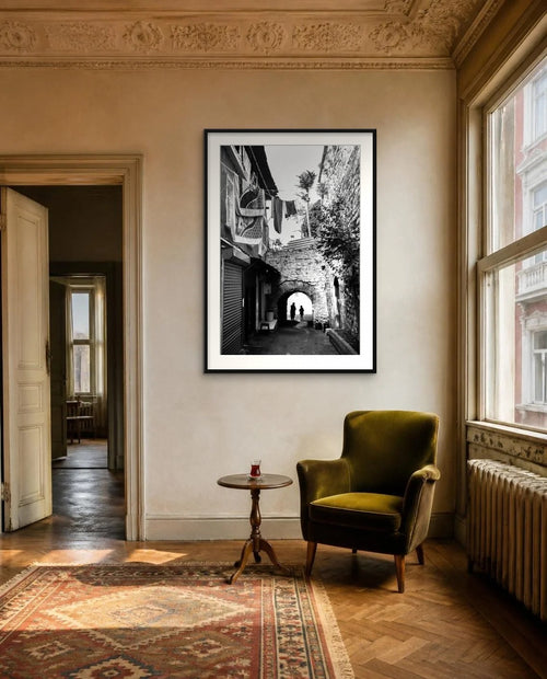 Beyond the Arch — framed fine art print shown in a room (illustration; ships unframed)