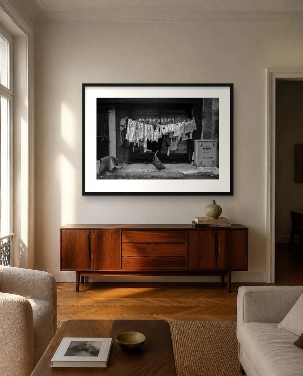 Shutter and Laundry — framed fine art print shown in a room (illustration; ships unframed)