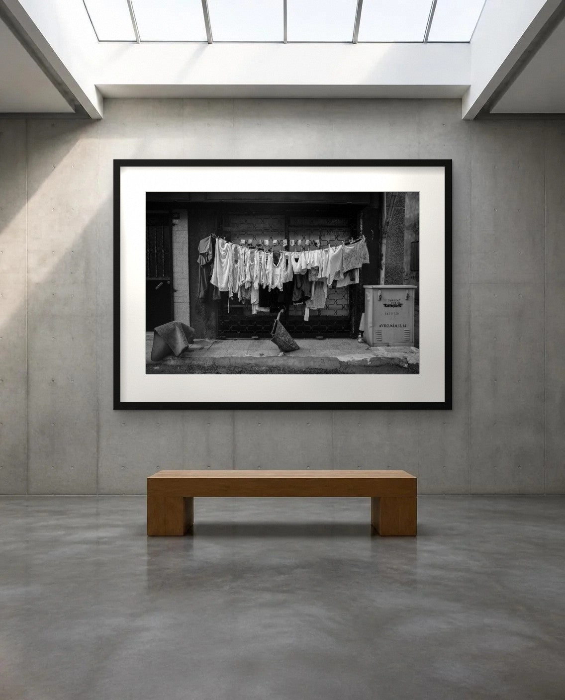 Shutter and Laundry — framed fine art print shown in a room (illustration; ships unframed)