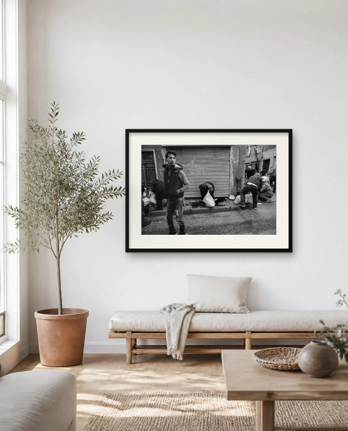 In Front of the Shutter — framed fine art print shown in a room (illustration; ships unframed)