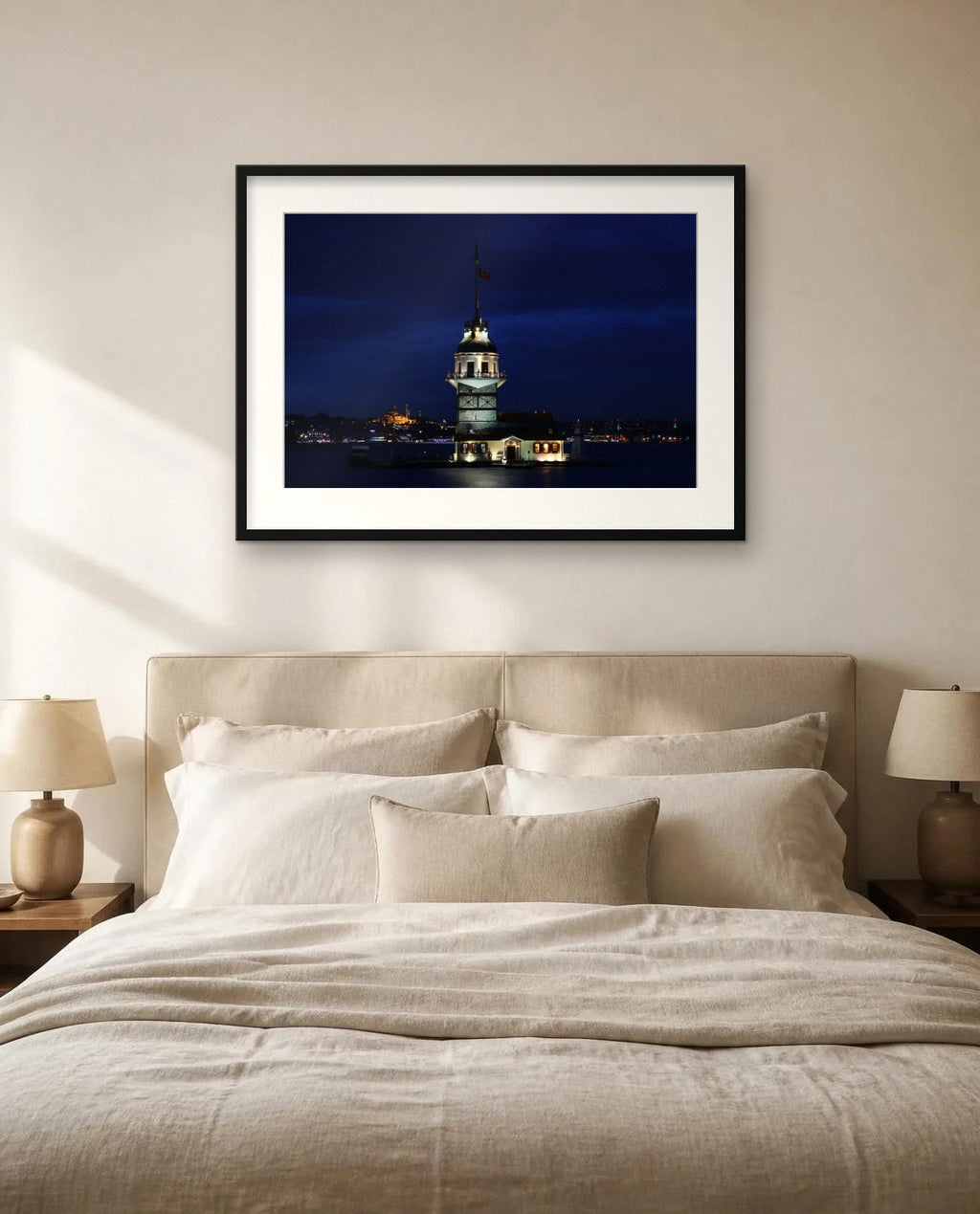 Maiden’s Tower at Blue Hour — framed fine art print shown in a room (illustration; ships unframed)