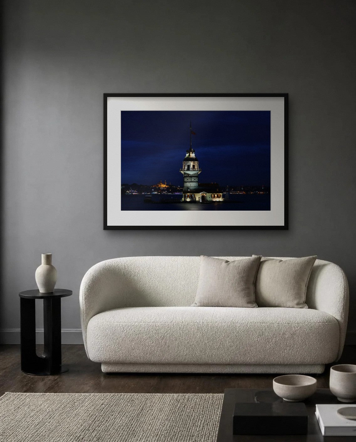 Maiden’s Tower at Blue Hour — framed fine art print shown in a room (illustration; ships unframed)