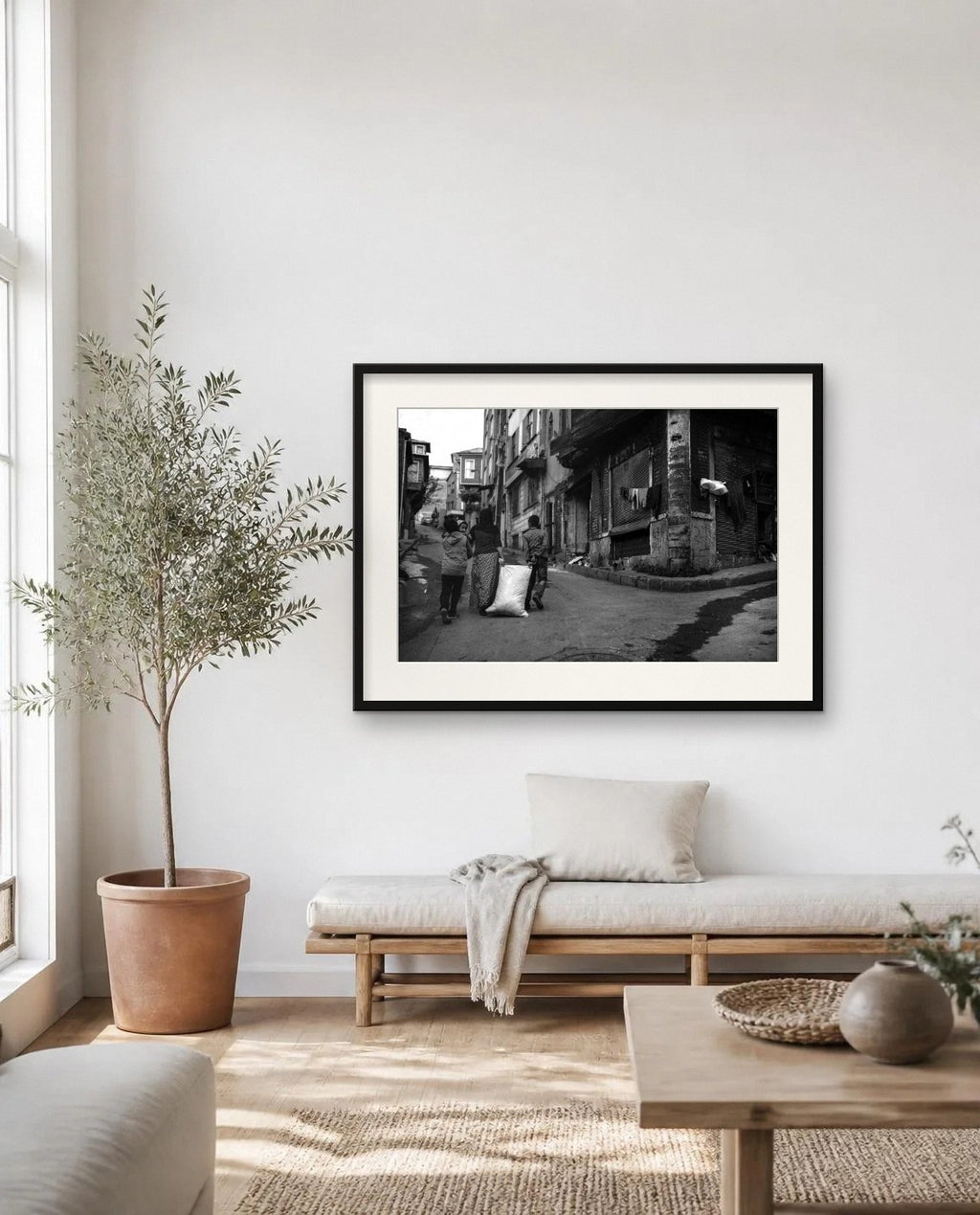 Street Corner — framed fine art print shown in a room (illustration; ships unframed)