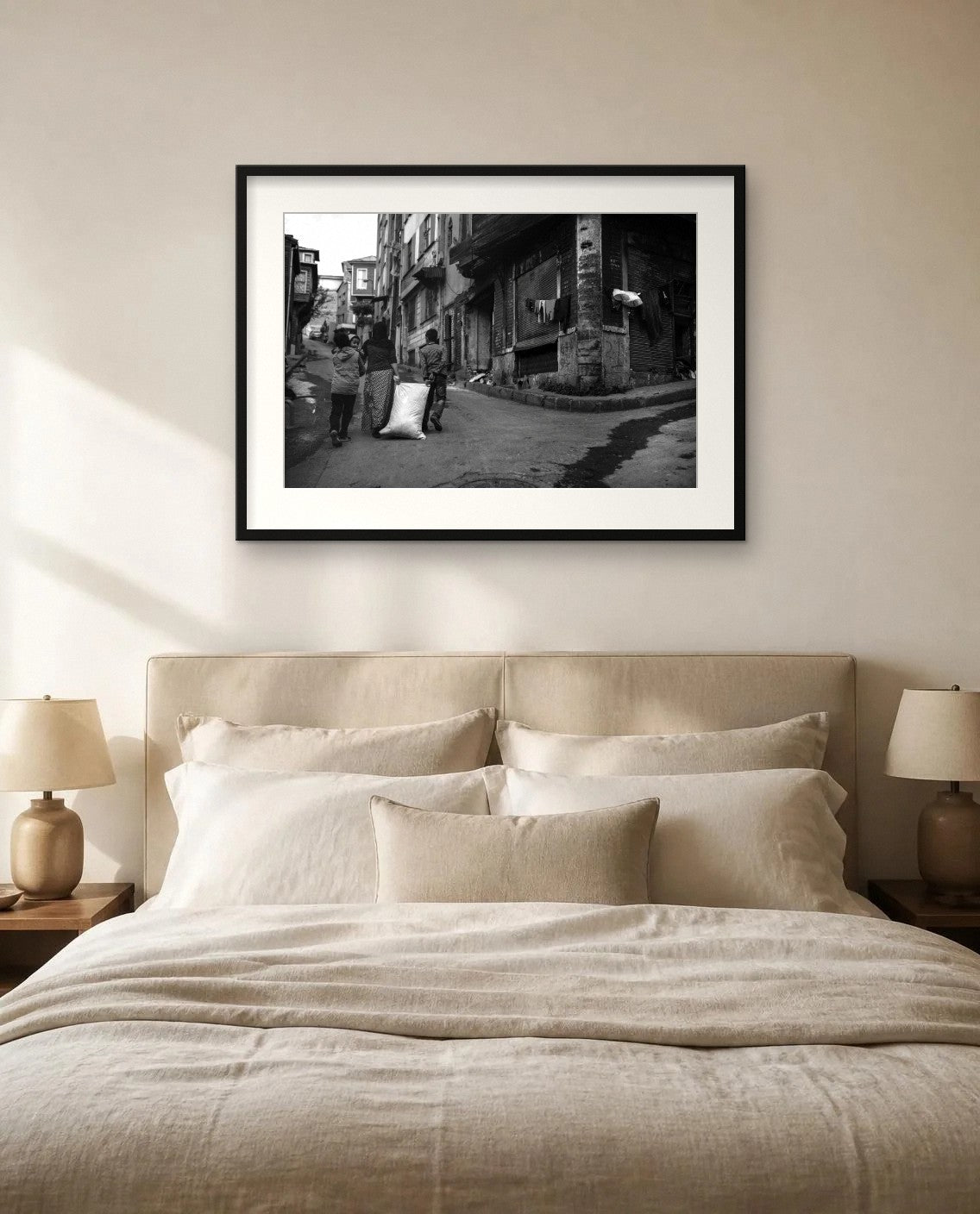 Street Corner — framed fine art print shown in a room (illustration; ships unframed)