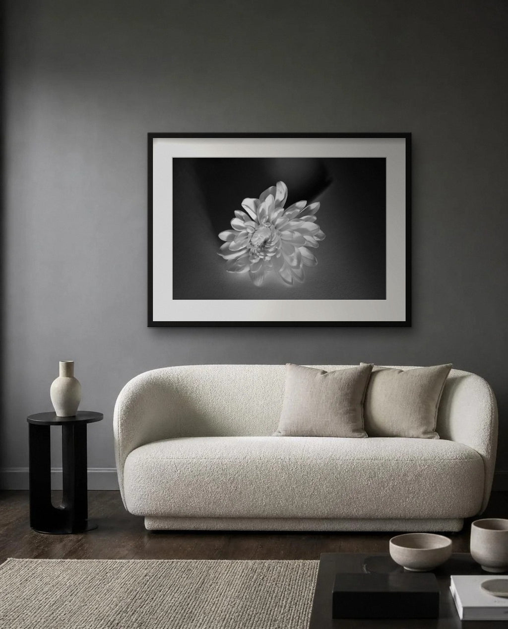 White Chrysanthemum — framed fine art print shown in a room (illustration; ships unframed)