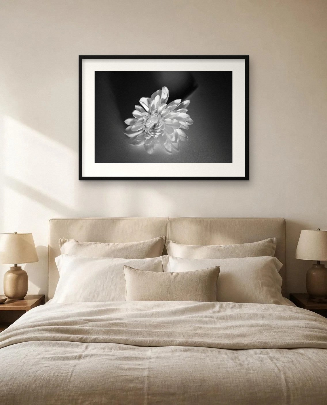 White Chrysanthemum — framed fine art print shown in a room (illustration; ships unframed)