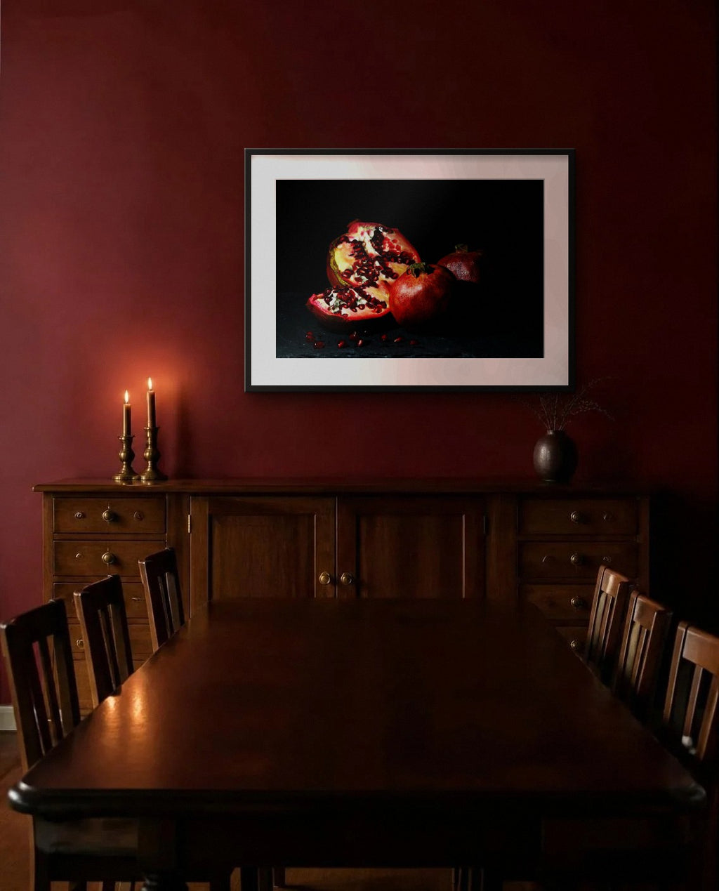 Pomegranate — framed fine art print shown in a room (illustration; ships unframed)