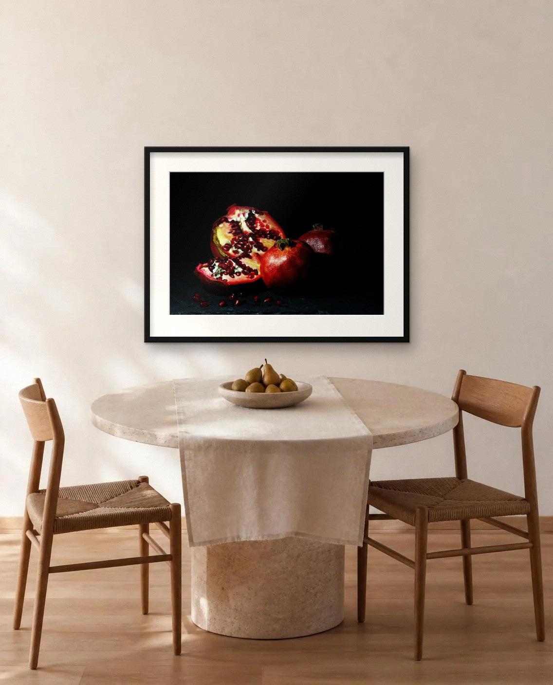 Pomegranate — framed fine art print shown in a room (illustration; ships unframed)