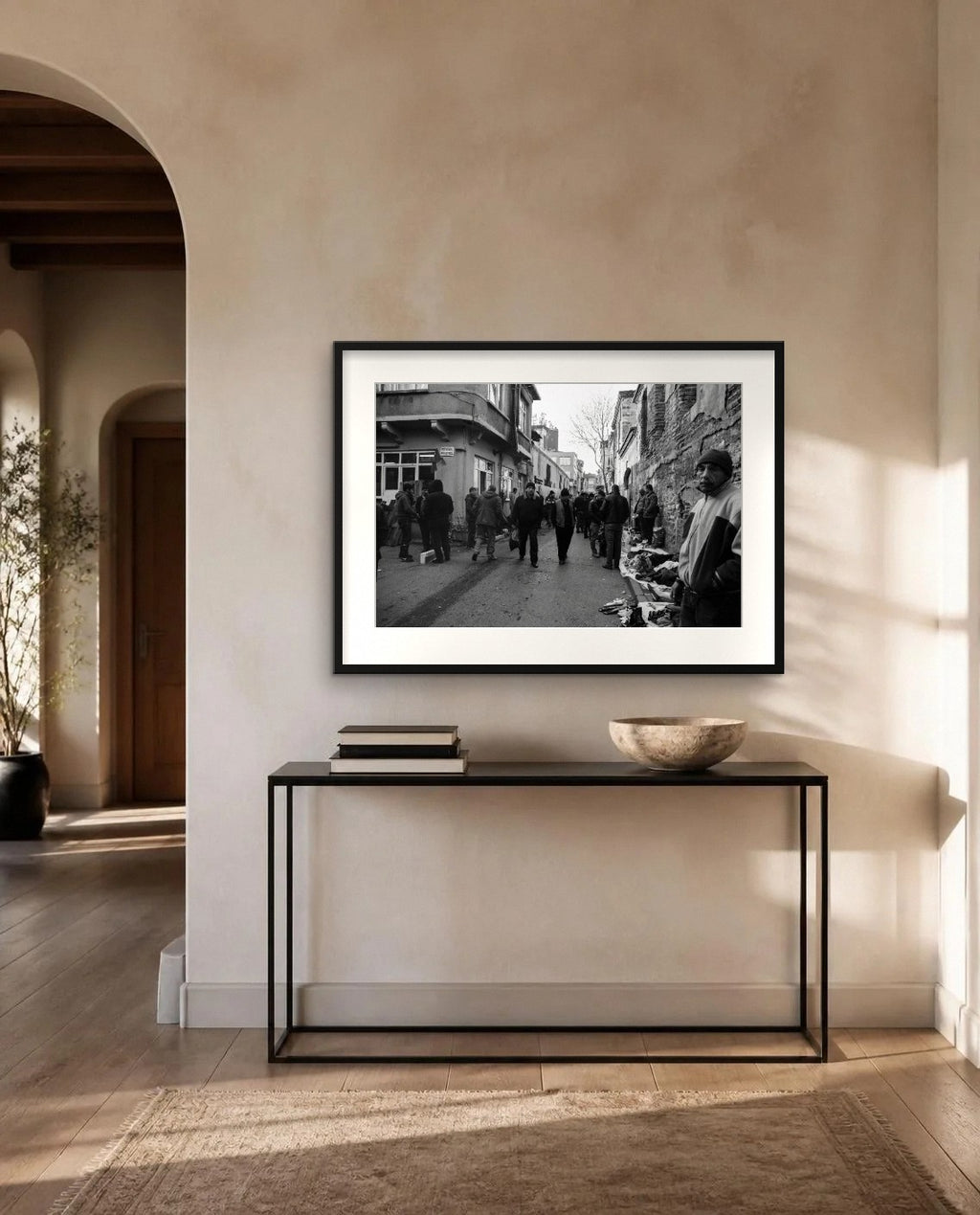 Market Morning — framed fine art print shown in a room (illustration; ships unframed)