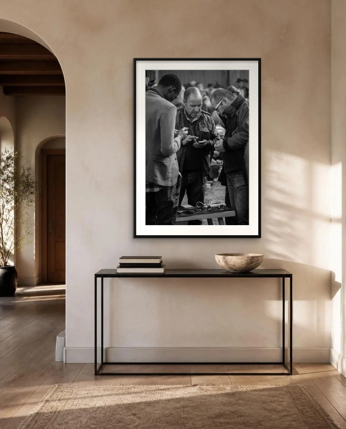Bargaining — framed fine art print shown in a room (illustration; ships unframed)