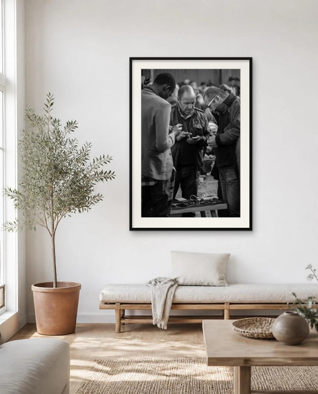 Bargaining — framed fine art print shown in a room (illustration; ships unframed)