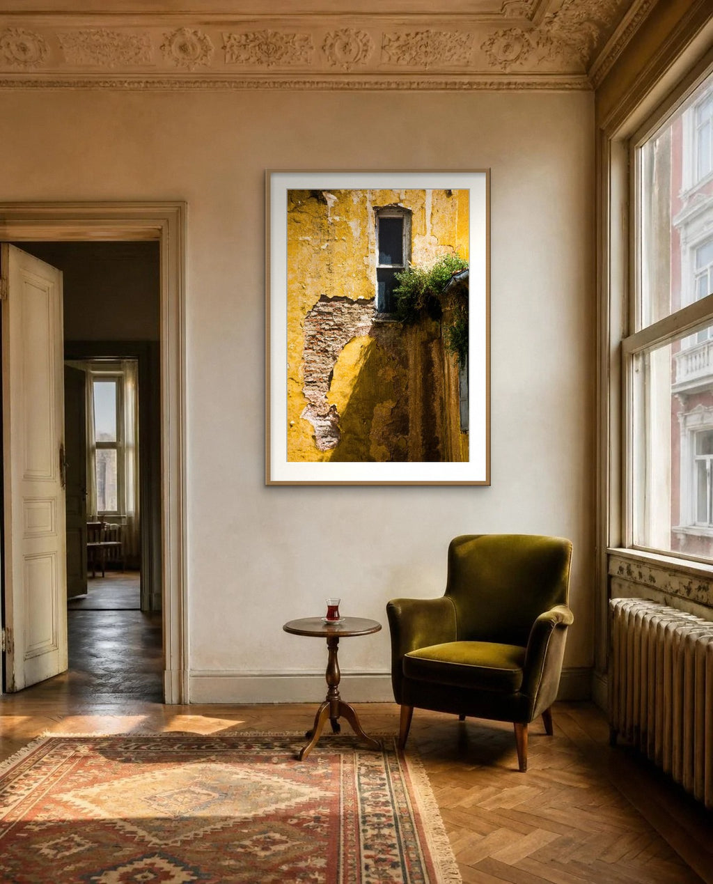 Peeling Yellow — framed fine art print shown in a room (illustration; ships unframed)